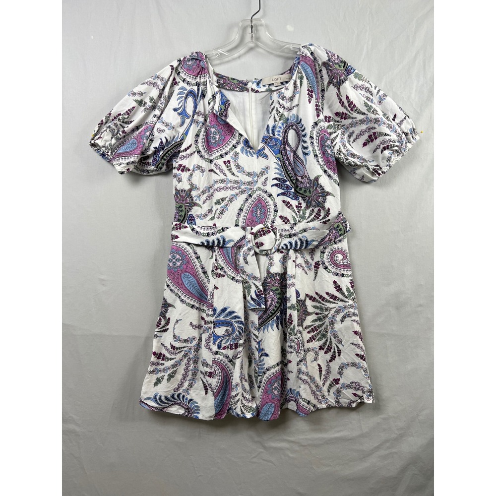 Loft Paisley Dress Women 6P White Purple Linen Blend Puff Sleeve Belted V-Neck